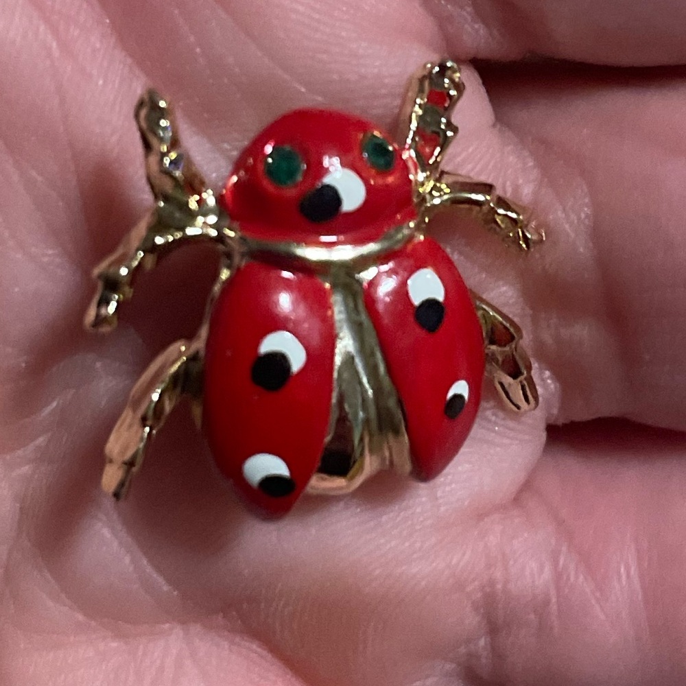 Vintage Gold-Tone Ladybug Brooch w red and black Enamel and Rhinestone Eyes